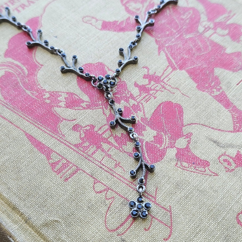 Gunmetal Black Rhinestone Branch Floral Y-Necklace Gothic Whimsigoth Statement